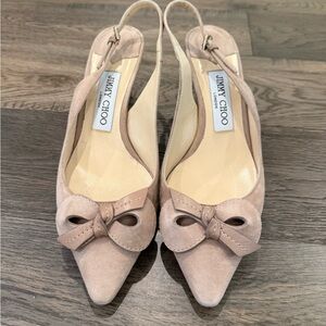 Taupe Suede Jimmy Choo Slingback Heels with Bow Detail (Size 6.5)